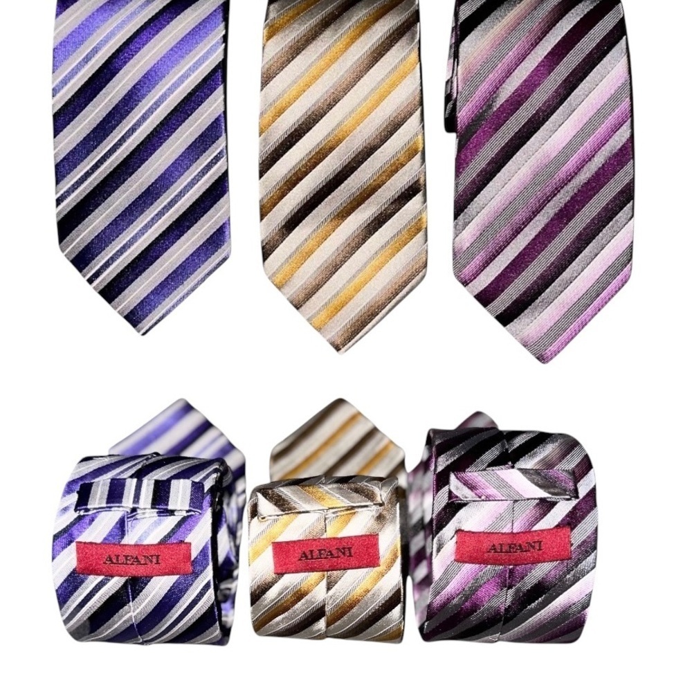 ALFANI (Lot of 3) 100% Silk Handmade Purple Pink Gold & Silver Stripe Ties